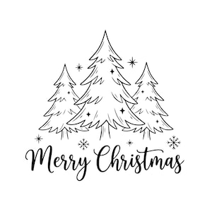 May include: A black and white line art illustration featuring three stylized evergreen trees with small star accents. Below the trees, the text Merry Christmas is written in a cursive script, surrounded by several small snowflake icons.