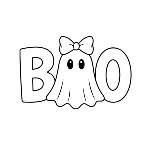 May include: A black and white graphic illustration featuring the text BOO, where the letter O is replaced by a stylized ghost character. The ghost has two solid black oval eyes and wears a large bow on its head, rendered in clean black outlines.