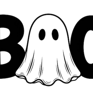 May include: A graphic illustration featuring the word BOO in bold black capital letters. The letter O in the centre is replaced by a white ghost with black oval eyes and simple line details, set against a plain white background.