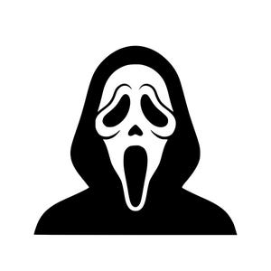 May include: A high-contrast black and white graphic illustration of a hooded figure wearing a stylised mask with elongated eye sockets, a small triangular nose, and a wide, open, oval-shaped mouth, presented as a flat, minimalist icon design.