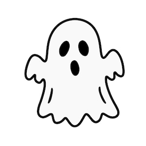 May include: A simple black and white line drawing of a ghost. The ghost has a rounded head, two oval eyes, and an oval-shaped mouth, all colored in solid black. The body is white with a wavy, scalloped bottom edge and two small arm-like protrusions.