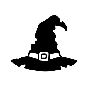 May include: A black silhouette of a pointed hat with a wide brim and a band featuring a square buckle. The hat has a distinctively slumped, uneven crown that curves downward at the top, creating a classic conical shape with a wide base.
