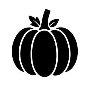 May include: A solid black silhouette graphic of a pumpkin featuring a central stem and two small leaves extending from the top. The design displays vertical ribbed sections that define the rounded shape of the pumpkin in a flat, high-contrast style.