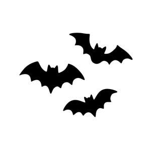 May include: Three solid black silhouettes of bats in flight, each depicted with outstretched wings and pointed ears. The bats are arranged in a scattered formation, showing distinct wing shapes and small, sharp ears against a plain background.