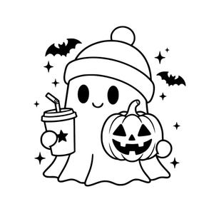 以下が含まれることがあります： ビーニー帽をかぶった幽霊の白黒線画イラスト。片手にストロー付きの使い捨てカップ、もう片方の手にジャック・オー・ランタンのカボチャを持ち、2匹のコウモリといくつかの小さな四芒星に囲まれている。