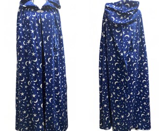 wizard cloak, celestial cape, navy and white polar fleece,