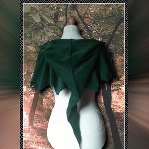 May include: A dark green hooded cape with a long, pointed tail. The cape is made of a soft, fuzzy fabric and is perfect for adding a touch of fantasy to any outfit.
