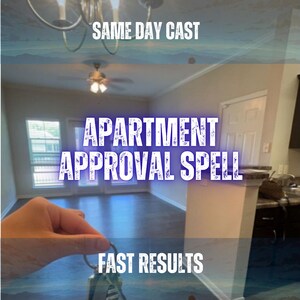 May include: A hand holds a set of keys in the foreground of an interior room with a ceiling fan and light fixture. The text overlay reads SAME DAY CAST, APARTMENT APPROVAL SPELL, and FAST RESULTS in white and blue lettering against the room view.