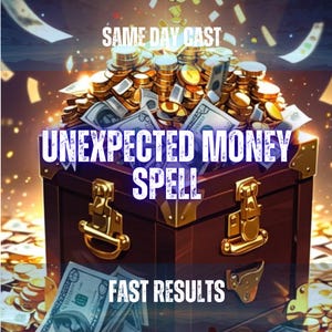 Könnte beinhalten: Eine dunkelbraune Holztruhe, die mit Goldmünzen und Geldscheinen gefüllt ist. Der Text SAME DAY CAST, UNEXPECTED MONEY SPELL und FAST RESULTS ist in Weiß über das Bild gedruckt. Die Szene ist mit schwebenden Geldscheinen gefüllt.