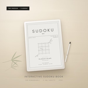 Könnte beinhalten: Ein digitales Sudoku-Rätselbuch für Tablets mit weißem Einband und schwarzem Text, der SUDOKU, Volume No. 01 und The obstacle is the path lautet. Das Cover zeigt eine Rastergrafik, Bambusillustrationen und einen weißen Eingabestift daneben.