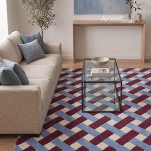 Ivory Blue Burgundy Hand Tufted Rug | Interlocking Lattice Pattern | Handmade Wool Carpet | 8x10, 9x12, 10x14 Oversized | Dining Living Rug