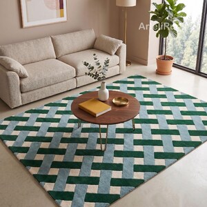 Cream Green Blue Hand Tufted Rug | Interlocking Lattice Pattern | Handmade Wool Carpet | 8x10, 9x12, 10x14 Oversized | Dining Living Bedroom