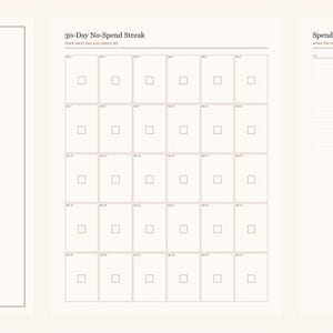 Op de afbeelding: Een driedelige No-Spend Challenge planner set met een crèmekleurige achtergrond en donkergrijze tekst. De eerste pagina is een titelblad, de tweede bevat een 30-dagen streak tracker raster met selectievakjes en de derde is een uitgavenlogboek.
