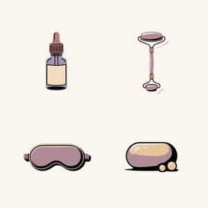 May include: A collection of seven illustrated beauty and wellness items including a spherical object, a dropper bottle, a facial roller, a hand mirror, a rolled towel, a sleep mask, and a bar of soap with two small spheres in muted purple and beige tones.