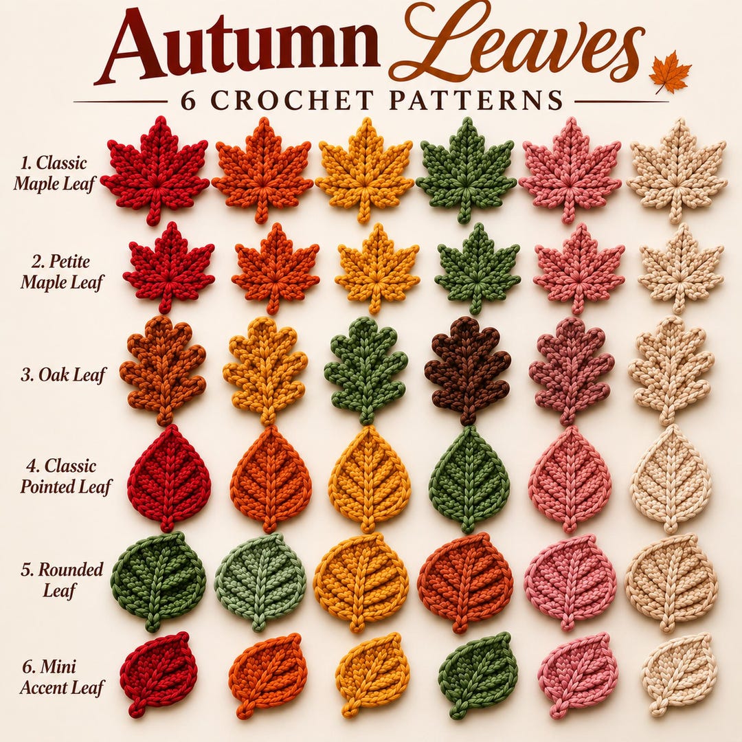 Autumn Leaves Crochet Pattern PDF, 6 Fall Leaf Patterns, Maple & Oak ...
