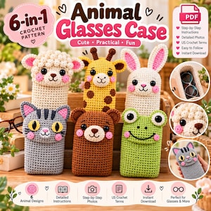 Peut inclure: Un modèle de crochet 6-en-1 pour des étuis à lunettes en forme d'animaux, incluant un mouton, une girafe, un lapin, un chat, un ours et une grenouille. Le document numérique contient des instructions étape par étape et des photos.