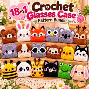 Peut inclure: Une collection de 18 étuis à lunettes crochetés représentant divers animaux dont un ours, un lapin, un renard, un hibou, un koala, un cerf, un chat, un chien, un raton laveur, un singe, un poussin, un husky, une abeille, un panda, une girafe, un chat noir, une grenouille et un lapin bélier.