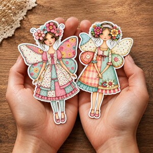 Patchwork tuinfeeën clipart, 20 printbare papieren poppetjes, 2 PDF-bestanden, 300 DPI, 3600 x 3600 px