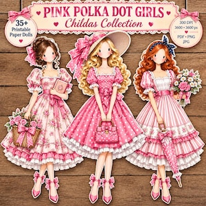 Pode incluir: Uma coleção digital de três bonecas de papel ilustradas intitulada Pink Polka Dot Girls Childas Collection. As bonecas têm cabelos loiros e castanhos, vestem vestidos rosas com flores e bolinhas e acessórios incluindo uma cesta, bolsa e guarda-chuva.