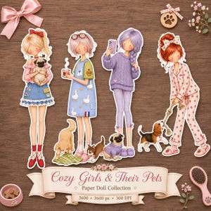 Pode incluir: Quatro bonecas de papel ilustradas de meninas com animais de estimação, incluindo um pug, um golden retriever, um pequeno cão castanho e um beagle. A coleção apresenta vários trajes e acessórios, com uma faixa na parte inferior que diz Cozy Girls & Their Pets Paper Doll Collection 3600 x 3600 px 300 DPI.