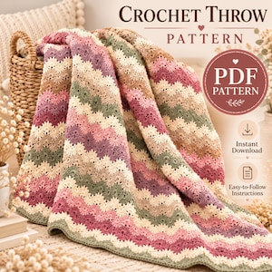May include: A crochet throw pattern featuring a wavy chevron design in alternating stripes of cream, sage green, dusty rose, and mauve. The text reads Crochet Throw Pattern, PDF Pattern, Instant Download, and Easy-to-Follow Instructions.