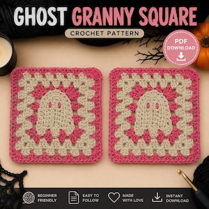 May include: Two square crochet motifs featuring a central beige ghost design on a pink and beige background. The text reads GHOST GRANNY SQUARE CROCHET PATTERN, PDF DOWNLOAD, BEGINNER FRIENDLY, EASY TO FOLLOW, MADE WITH LOVE, and INSTANT DOWNLOAD.