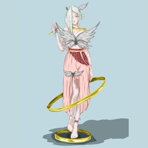 Könnte beinhalten: Eine digitale Illustration einer Figur mit weißem Haar und kleinen Flügeln am Kopf, die ein blassrosa Kleid mit Flügelakzenten an Brust und Rock trägt. Die Figur hält einen dünnen gelben Pfeil und steht in einem großen goldenen Ring.