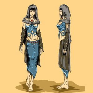 Könnte beinhalten: Eine digitale Illustration, die eine Figur von vorne und von der Seite zeigt. Die Figur trägt ein blaues ärmelloses Oberteil mit Wirbelmustern, einen langen blauen Rock mit roten Akzenten, einen dunkelgrauen Kapuzenumhang und eine Kette mit rotem Anhänger.