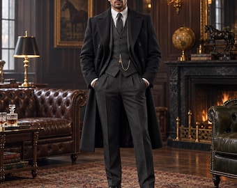 Vintage herenpak uit de jaren 1920, driedelig, antracietkleurige tweed gangsteroutfit, vest, broek en jasje, trouwpak voor de bruidegom, klassieke formele kleding