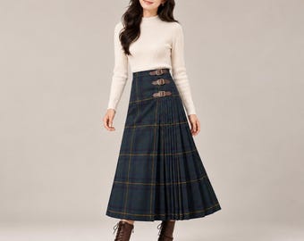 Maxi-rok voor dames met tartanprint, donkergroene geruite plooirok, Schotse hooglandrok met gespbandjes, lange rok met wollen look