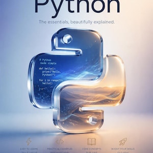 Può includere: Una miniguida digitale per Python con un grande logo Python 3D lucido contenente frammenti di codice e immagini di paesaggi. Il poster include il testo 'Miniguide Python', 'The essentials, beautifully explained' e un pulsante 'Save to PDF'.