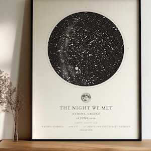 Personalized Star Map with Moon Phase, in English or Greek, Framed Option