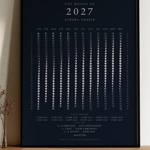 May include: A dark navy blue wall poster titled The Moons of 2027 Athens, Greece. It features a vertical lunar calendar with daily moon phases for each month, a list of full moon dates and times, and personalized text for anniversaries and birthdays.