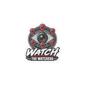 Puede incluir: Una pegatina circular con una lente de cámara central en forma de ojo, rodeada por un patrón de mapa y cinco pines de ubicación rojos. Debajo del gráfico, el texto dice WATCH THE WATCHERS en letras estilizadas blancas y negras.