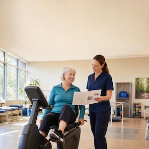 Può includere: Una cyclette con telaio nero e console digitale. Una persona con capelli grigi corti indossa una maglia a maniche lunghe color verde acqua e pantaloni neri, seduta sulla cyclette, mentre tiene in mano un documento cartaceo con del testo.