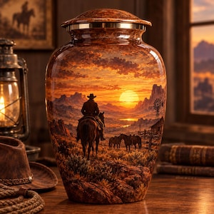 May include: A decorative urn featuring a wrap-around scene of a cowboy on horseback in a desert landscape at sunset. The vessel has a polished metallic lid and a rounded body with warm orange, brown, and gold tones depicting mountains and a windmill.