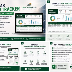 May include: A digital Solar NCR Tracker Excel template for quality assurance and control. The layout displays a dashboard with charts, a non-conformance register, and corrective action logs. It includes a quick start guide and license.