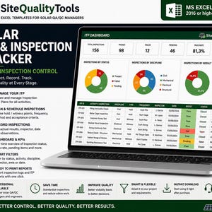 May include: A laptop displaying the SiteQualityTools Solar ITP & Inspection Tracker dashboard. The screen shows inspection status charts, a data table with ITP IDs, and inspection results. The interface includes pie charts and status indicators for solar QA/QC management.