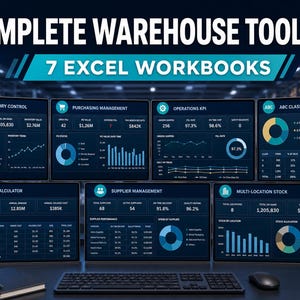 May include: A digital display showing a Complete Warehouse Toolkit with 7 Excel workbooks. The dashboard features dark blue screens with data visualizations, including pie charts, bar graphs, and tables for inventory, purchasing, and operations.
