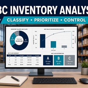 May include: A computer monitor displaying an ABC Inventory Analysis dashboard with charts, graphs, and tables. The screen shows inventory value by ABC class, a Pareto concentration chart, a summary table, and class distribution boxes with data.