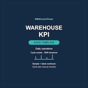 May include: A dark blue digital graphic for a WMSControlTower Warehouse KPI Excel template. The text includes Daily operations, Cycle counts, Shift handover, Sample + blank workbook, and Quick-start manual included, with a bar chart icon.