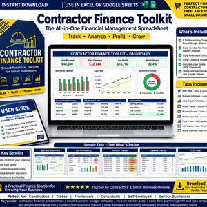May include: A digital Contractor Finance Toolkit spreadsheet displayed on a laptop screen, featuring a dashboard with revenue, expense, and profit charts. Includes a user guide, sample tabs for invoice and expense tracking, and key benefit lists.