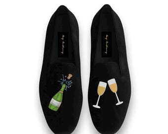 Champagnekleurige loafers voor heren | Champagnekleurige fluwelen loafers | Zwarte fluwelen loafers voor heren | Feestelijke loafers voor heren | Albert slippers voor heren | Feestelijke