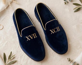 Custom Roman Numeral Loafers Navy Velvet | Groom Wedding Loafers XVII XCII | Personalized Groomsmen Gift | Smoking Slippers Men