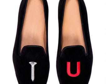 Mocasines Screw U para hombre - Mocasines de terciopelo divertidos / Mocasines de terciopelo negro para hombre / Mocasines Screw You / Mocasines originales / Pantuflas Albert para hombre