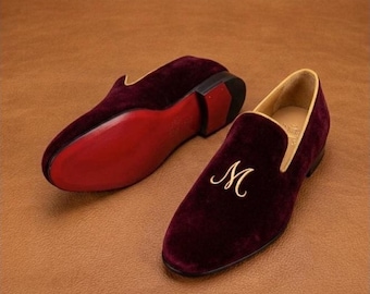Burgunderfarbene Samt-Loafer für Herren, bestickte Slipper, handgefertigte Luxus-Hochzeitsschuhe