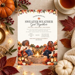 May include: A rectangular invitation card for a Sweater Weather Get Together on October 30, 2026. The design features autumn leaves, string lights, and an illustration of two people sitting by a fire pit with text details for the event.