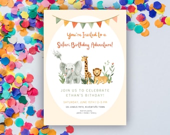 Editable Safari Birthday Invitation, Jungle Animals Party Invite, Canva Template, Wild One Birthday