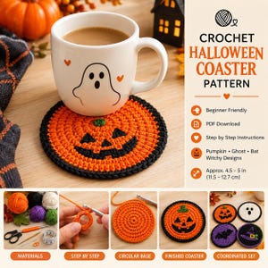 Puede incluir: Un patrón digital para posavasos de ganchillo de Halloween con un diseño circular de calabaza naranja y borde negro. La imagen muestra un posavasos terminado bajo una taza blanca con un gráfico de fantasma, junto a texto y fotos del proceso.