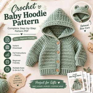 Puede incluir: Una sudadera con capucha para bebé tejida a ganchillo en color verde salvia, con capucha, mangas largas y cuatro botones de madera en la parte delantera. El patrón incluye una opción para orejas de oso. El texto dice Crochet Baby Hoodie Pattern.